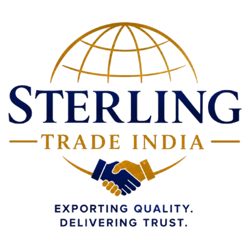Sterling Trade India logo — globe with handshake, Exporting Quality Delivering Trust
